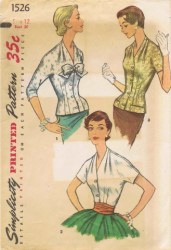 1526 1956 KIMONO SHORT-3/4 SLEEVE BUTTON BLOUSE PATTERN 18 36B